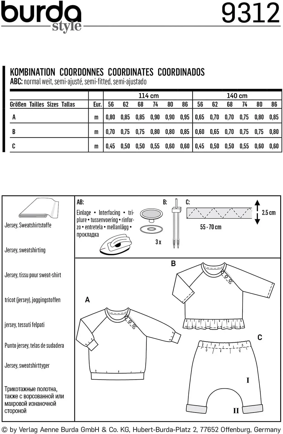 الگوی خیاطی بوردا 9312، پیراهن و شلوار [نوزاد 56-86]، ایده آل برای مبتدیان [L2]