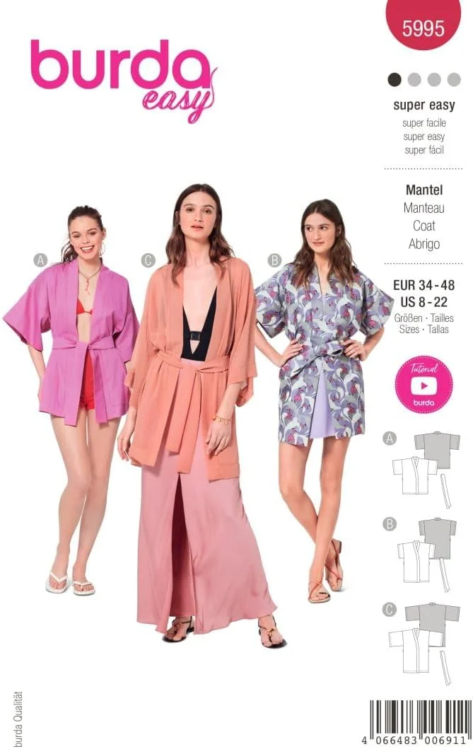 الگوی خیاطی کاتالوگ بوردا استایل، ژاکت کیمونو با کراوات | سایز زنانه 36-48 | سطح خیاطی: بسیار آسان #5995