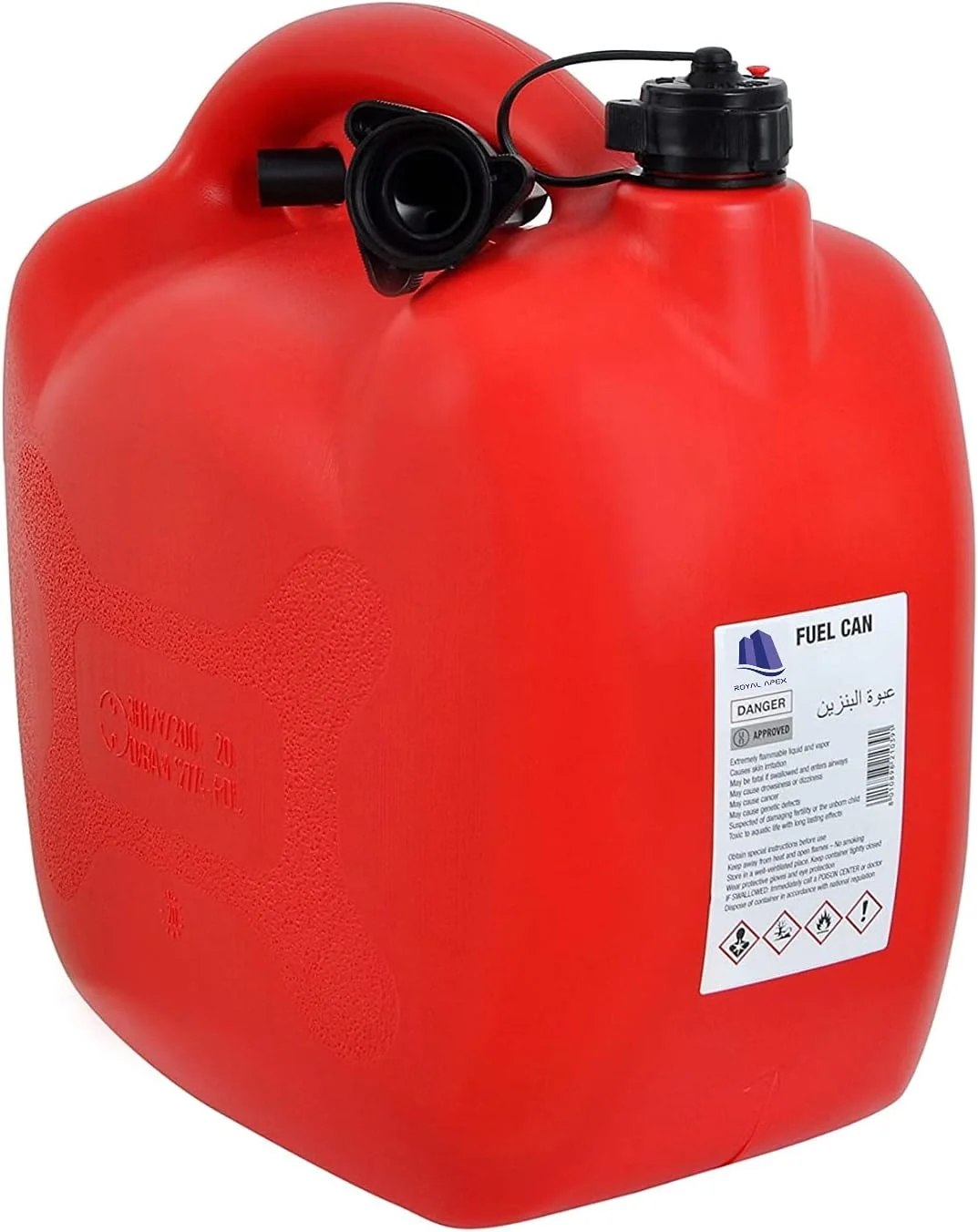 ظرف سوخت رویال اپکس PVC مناسب برای نگهداری روغن، بنزین و گازوئیل، حمل و نقل آسان، رنگ قرمز، دارای تاییدیه سازمان ملل، مقاوم و مناسب برای مواقع اضطراری، قابل نصب بر روی موتور سیکلت، SUV، ATV و اکثر خودروها (20 لیتر)