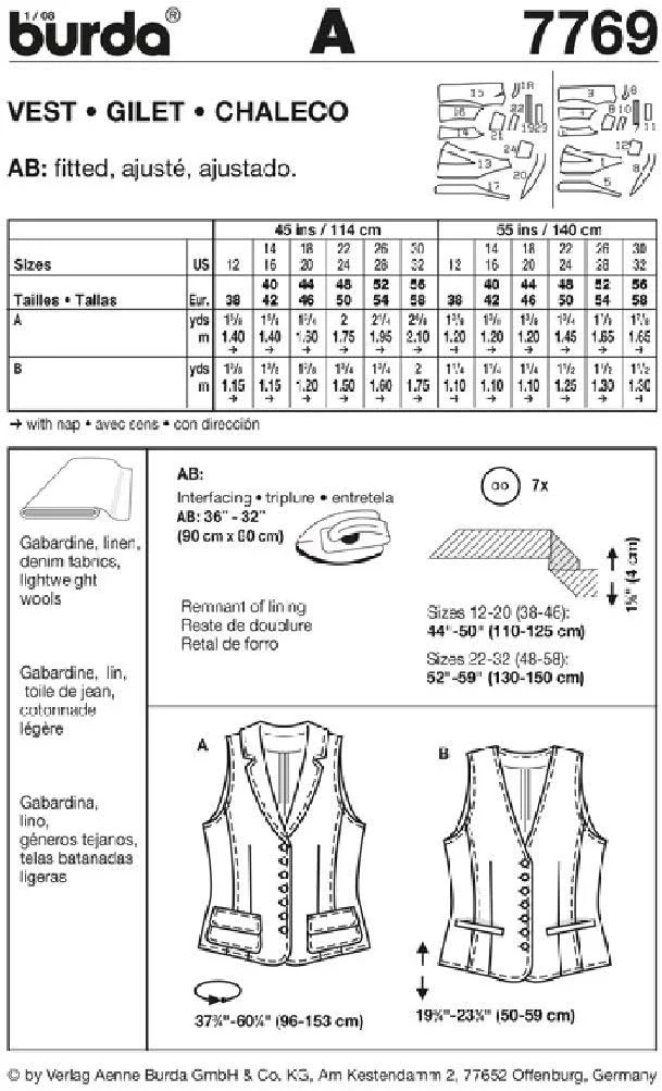 الگوی خیاطی لباس زنانه Burda 7769 جلیقه سایزهای 38 تا 58 الگوی خیاطی لباس زنانه Burda 7769 جلیقه سایزهای 38 تا 58