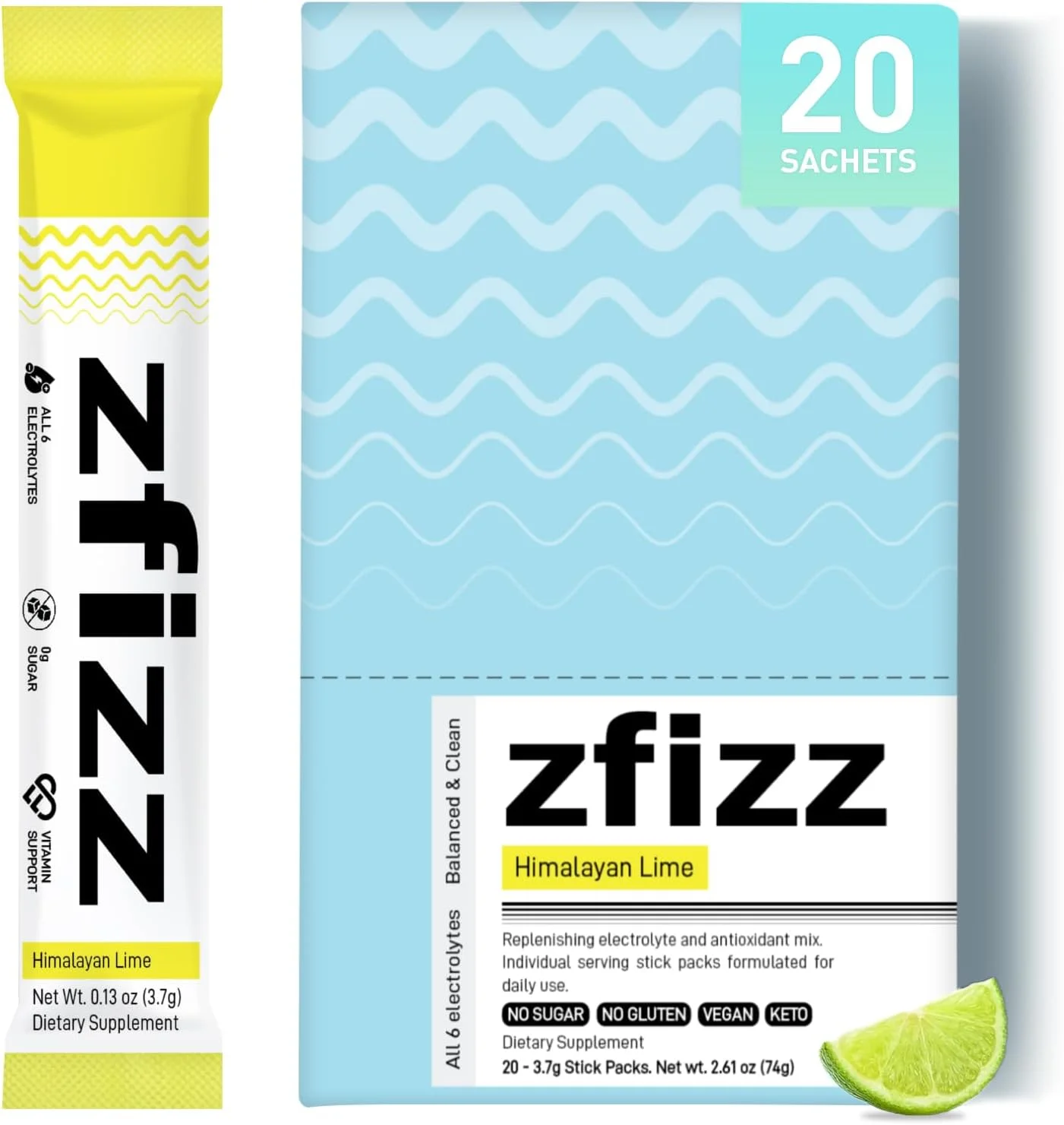 بسته 20 عددی پودر هیدراتاسیون ZFIZZ با طعم لیموی هیمالیا | پودر الکترولیت بدون شکر | تقویت کننده هیدراتاسیون روزانه با آنتی اکسیدان و مواد معدنی ضروری | تقویت کننده عملکرد ایمنی، انرژی و متابولیک