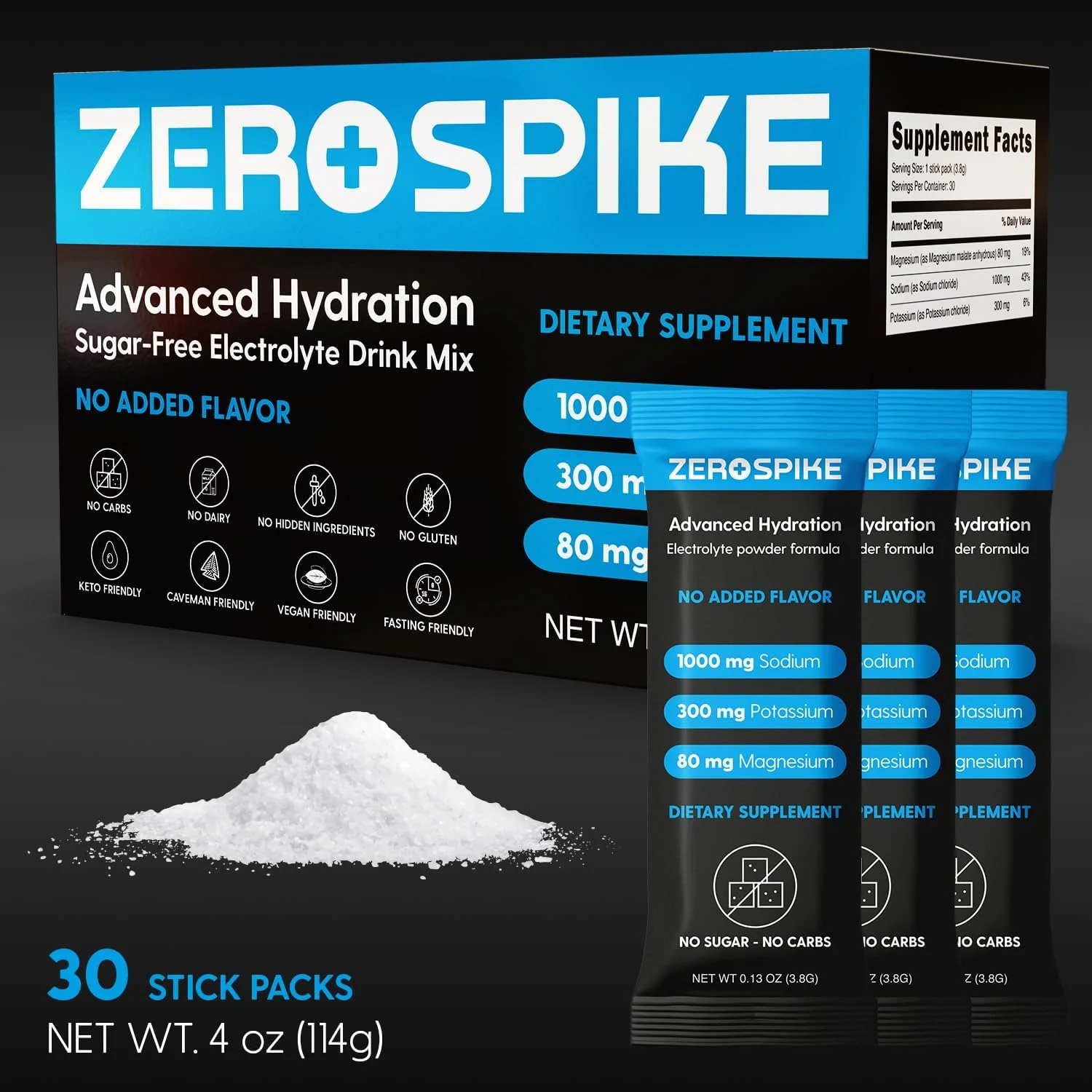 پودر الکترولیت بدون قند Zerospike | مخلوط نوشیدنی نمک های کتو و فستینگ | مکمل ها: مواد مغذی آبرسانی کلیدی که در آب تصفیه شده وجود ندارد | تمیز، بدون طعم، بدون کالری | 30 عدد