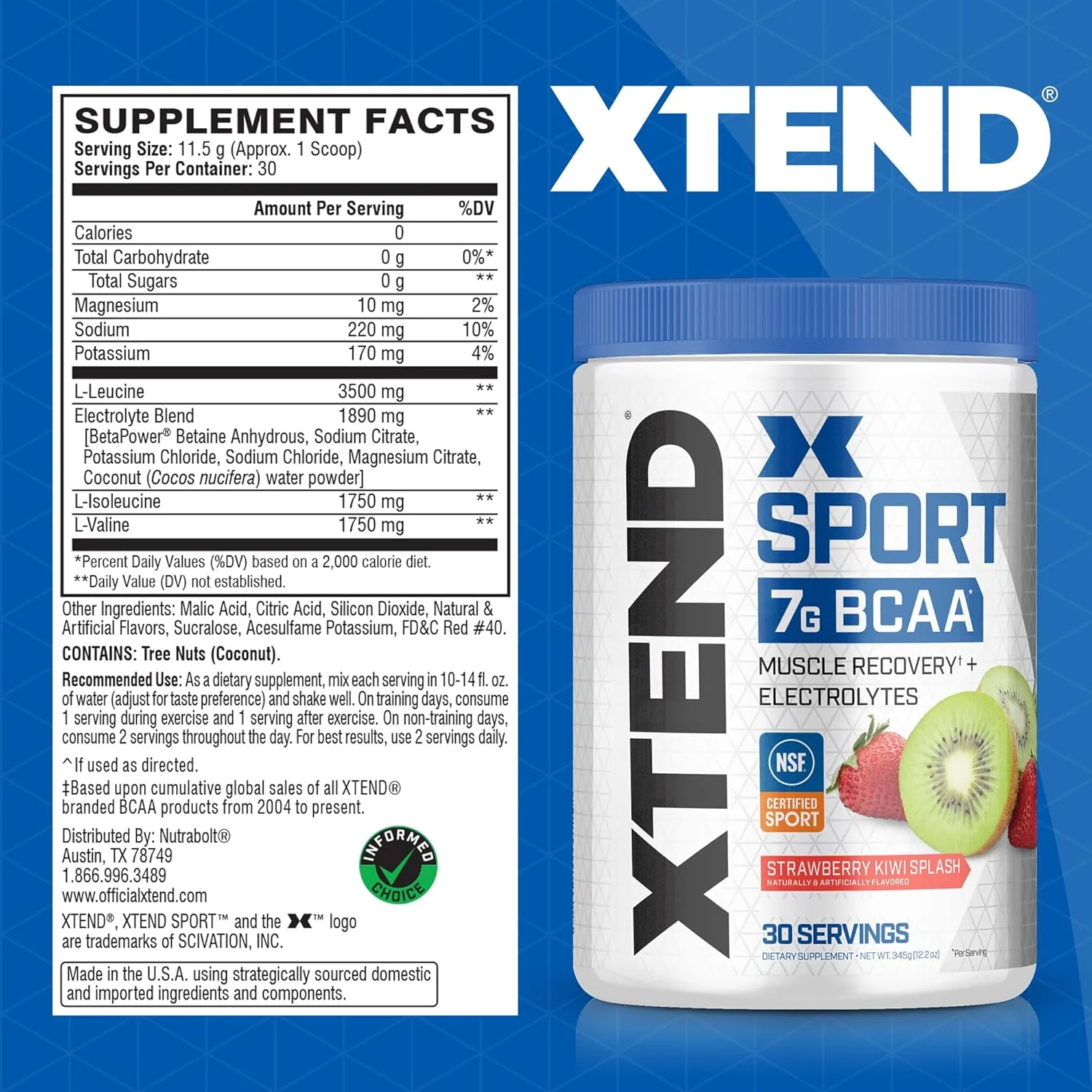 پودر بی سی ای ای ورزشی XTEND - پودر الکترولیت بدون قند برای ریکاوری و آبرسانی با آمینو اسیدها - طعم توت فرنگی کیوی - 30 سروینگ