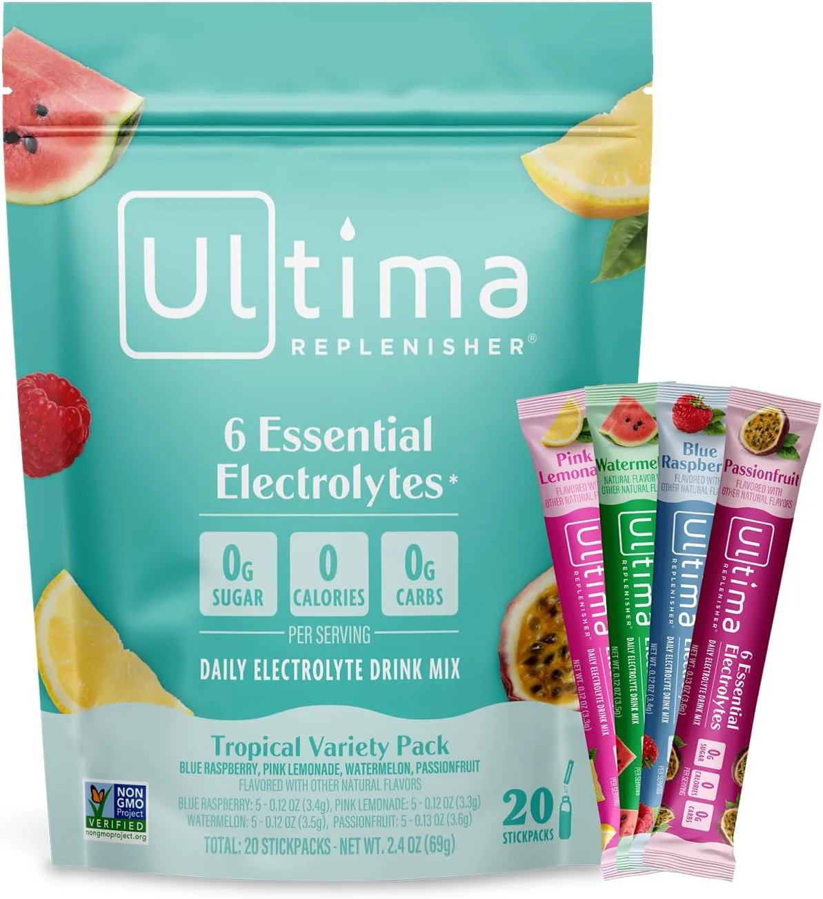 مخلوط پودر الکترولیت روزانه Ultima Replenisher - بدون شکر - طعم های استوایی، 20 بسته چوبی - بسته های هیدراتاسیون با 6 الکترولیت و مواد معدنی - مناسب برای کتو، غیر GMO