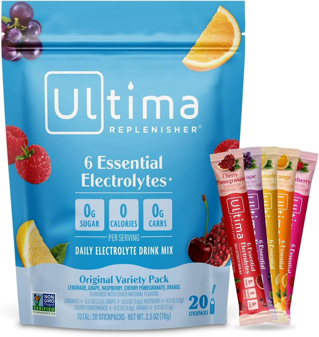 مخلوط پودر الکترولیت روزانه Ultima Replenisher - انواع اصلی، 20 بسته چوبی - بسته های آبرسانی با 6 الکترولیت و مواد معدنی - مناسب برای کتو، وگان، غیر GMO و بدون قند