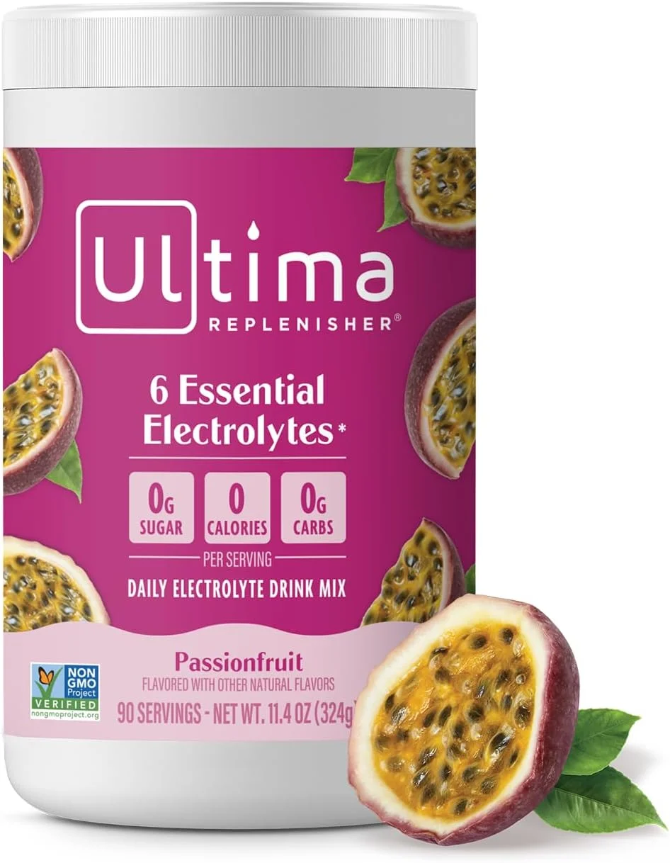 مخلوط نوشیدنی الکترولیت روزانه Ultima Replenisher - پشن فروت، 90 سروینگ - پودر هیدراتاسیون با 6 الکترولیت اصلی و مواد معدنی کمیاب - مناسب برای کتو، غیر GMO و پودر الکترولیت بدون قند