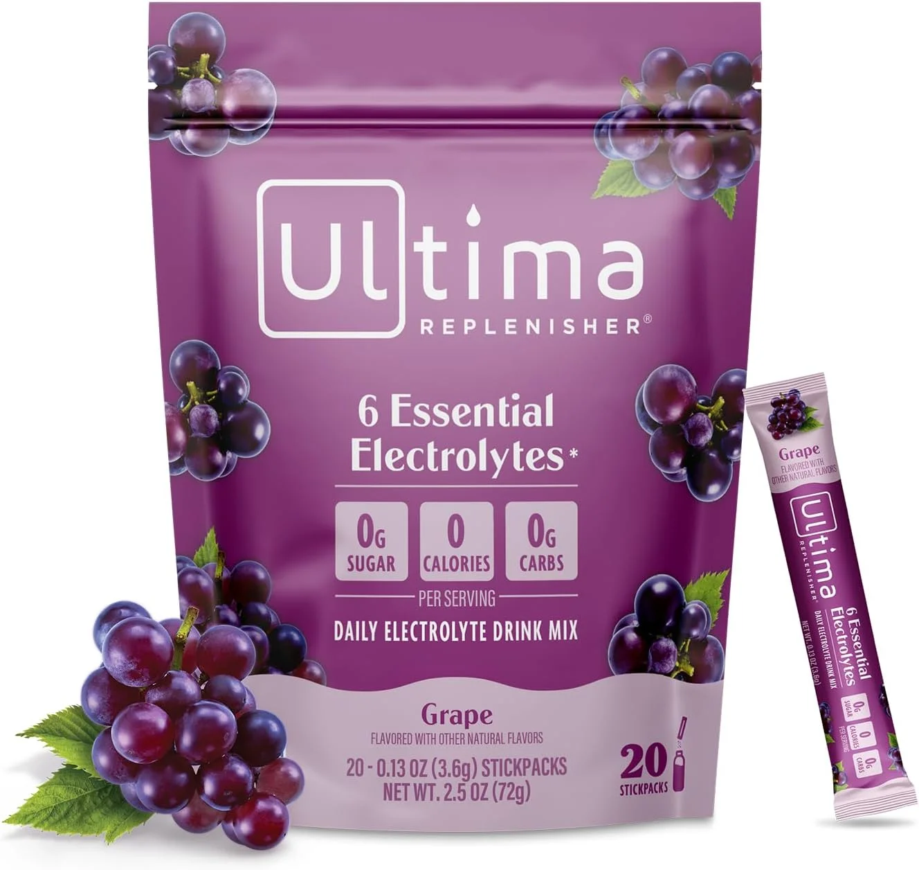 مخلوط نوشیدنی الکترولیت روزانه Ultima Replenisher - انگور، 20 بسته چوبی - بسته های هیدراتاسیون با 6 الکترولیت اصلی و مواد معدنی کمیاب - مناسب برای کتو، وگان، غیر GMO و پودر الکترولیت بدون قند