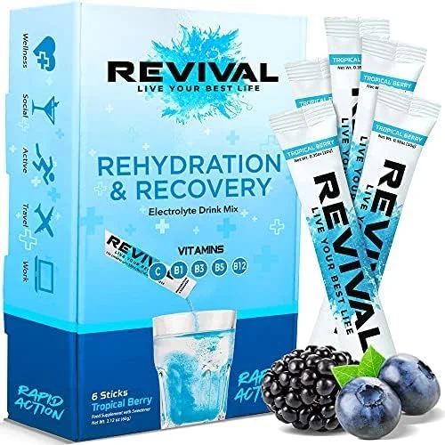 پودر الکترولیت احیا کننده سریع Revival - مکمل با قدرت بالا ویتامین C، B1، B3، B5، B12، نوشیدنی ساشه ای، آبرسانی الکترولیتی جوشان (انفجار گرمسیری و توت، 12 عدد (بسته 1 عددی)) پودر الکترولیت احیا کننده سریع Revival - مکمل با قدرت بالا ویتامین C، B1، B3، B5، B12، نوشیدنی ساشه ای، آبرسانی الکترولیتی جوشان (انفجار گرمسیری و توت، 12 عدد (بسته 1 عددی))