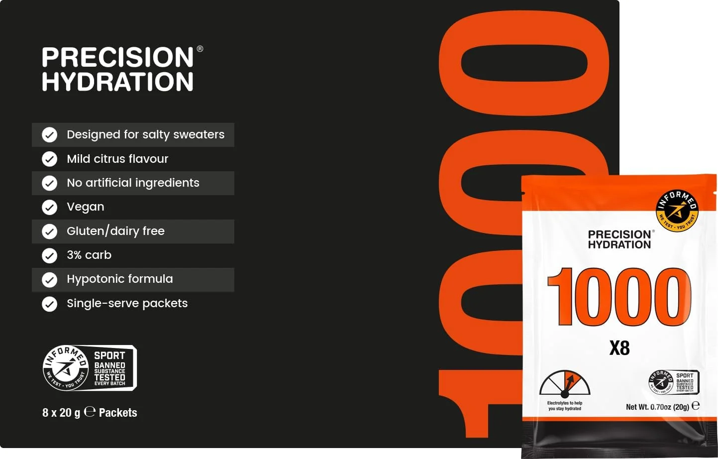 مخلوط نوشیدنی الکترولیتی Precision Hydration - پودرهای الکترولیتی چند قدرتی کاملا طبیعی - بسته بندی های ضد آب تکی - بدون گلوتن/لبنیات (1000 میلی گرم در لیتر - بسته نارنجی، بسته 8 عددی)