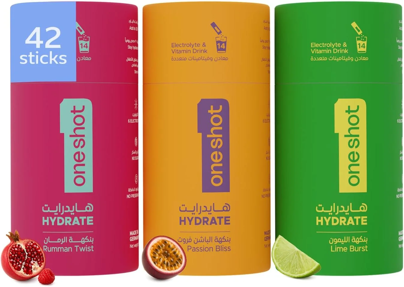 oneshot Hydrate - آبرسانی الکترولیتی | بدون شکر، مواد مضر یا طعم پس از مصرف | 6 الکترولیت + 4 ویتامین + روی | بسته 42 عددی استیک آبرسان (بسته 3: انار + میوه گل ساعتی + لیمو)