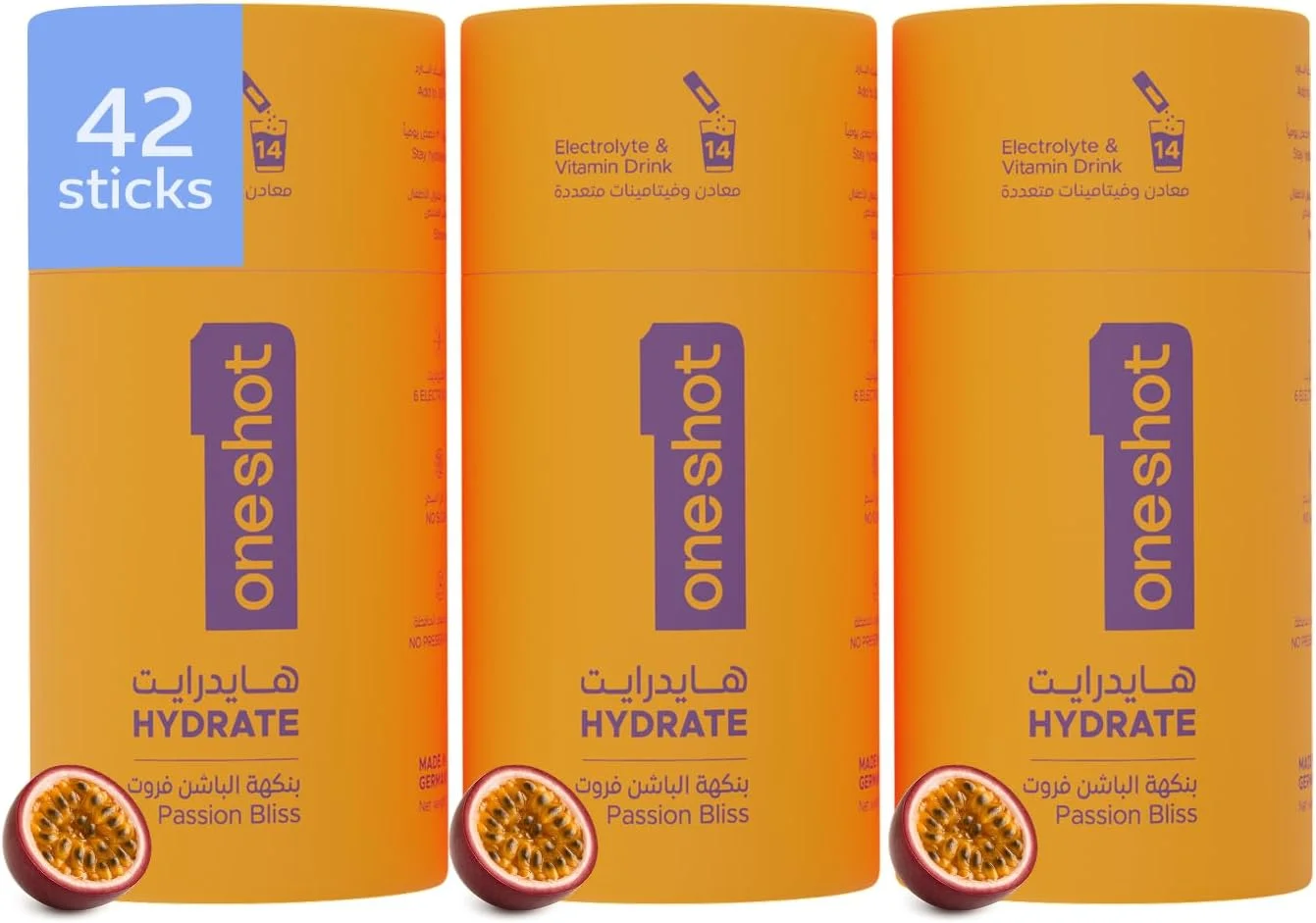oneshot Hydrate - آبرسانی الکترولیتی | بدون شکر، مواد مضر یا طعم پس از مصرف | 6 الکترولیت + 4 ویتامین + روی | بسته 42 عددی استیک آبرسان (بسته 3 عددی پشن فروت)