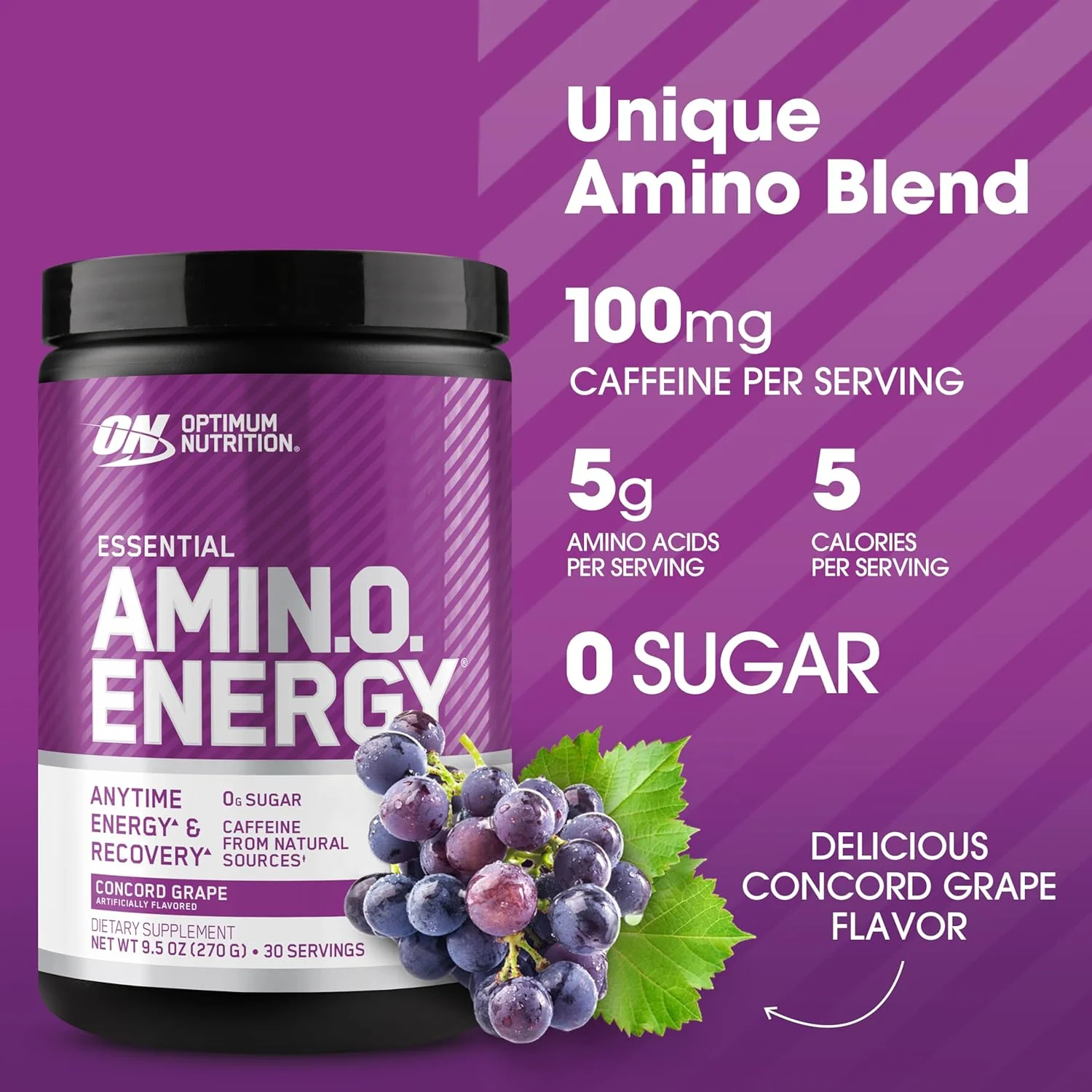 اپتیموم نوتریشن (ON) آمینو انرژی - مکمل قبل از تمرین حاوی چای سبز، BCAA، آمینو اسیدها، مناسب برای رژیم کتو، عصاره قهوه سبز، 0 گرم شکر، پودر انرژی در هر زمان - انگور کنکورد، 270 گرم، 30 سروینگ