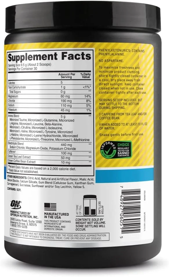 پودر آمینو انرژی پلاس الکترولیت اپتیموم نوتریشن (ON) - قبل از تمرین، BCAA، آمینو اسیدها، مناسب برای کتو، پودر انرژی در هر زمان - آناناس پیچ خورده، 285 گرم، 30 سروینگ