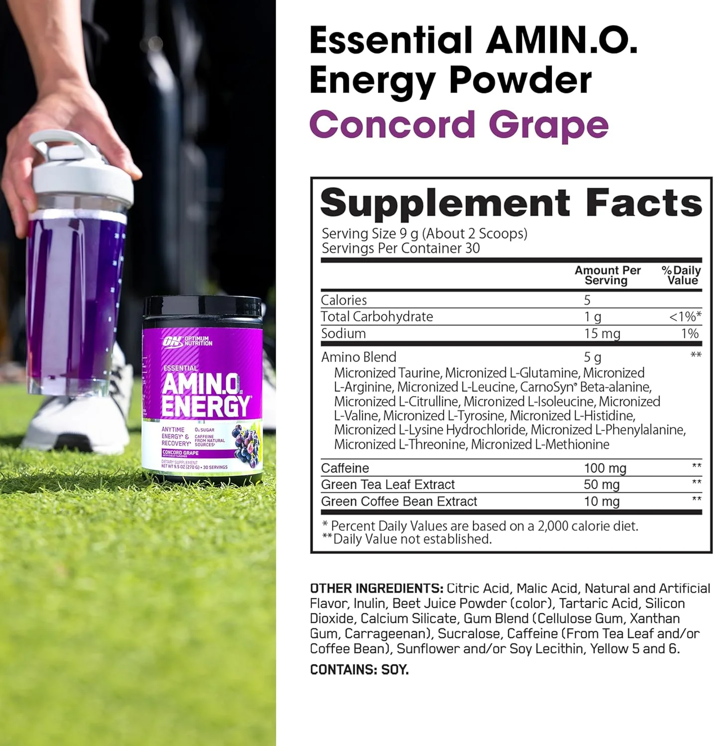 اپتیموم نوتریشن (ON) آمینو انرژی - مکمل قبل از تمرین حاوی چای سبز، BCAA، آمینو اسیدها، مناسب برای رژیم کتو، عصاره قهوه سبز، 0 گرم شکر، پودر انرژی در هر زمان - انگور کنکورد، 270 گرم، 30 سروینگ