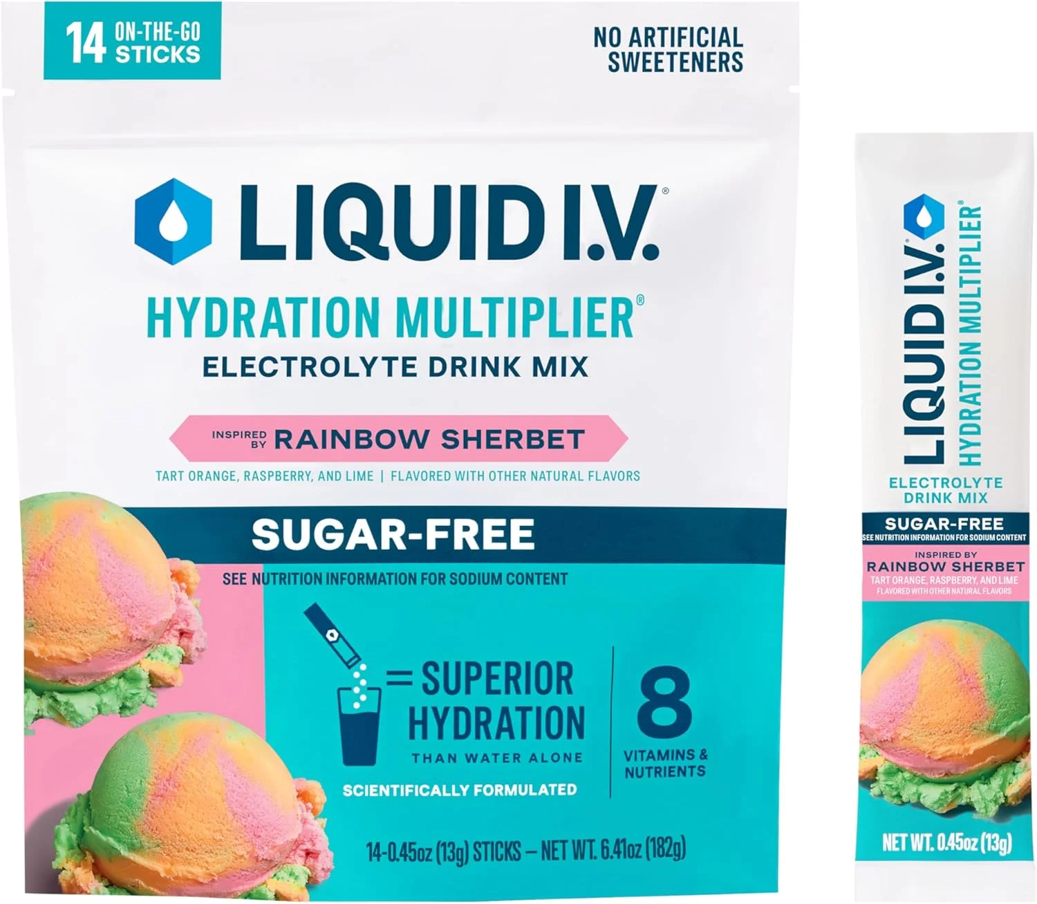 مخلوط نوشیدنی پودری الکترولیت بدون قند Liquid I.V. Hydration Multiplier - طعم رنگین کمان شربت، 1 بسته (14 سروینگ)