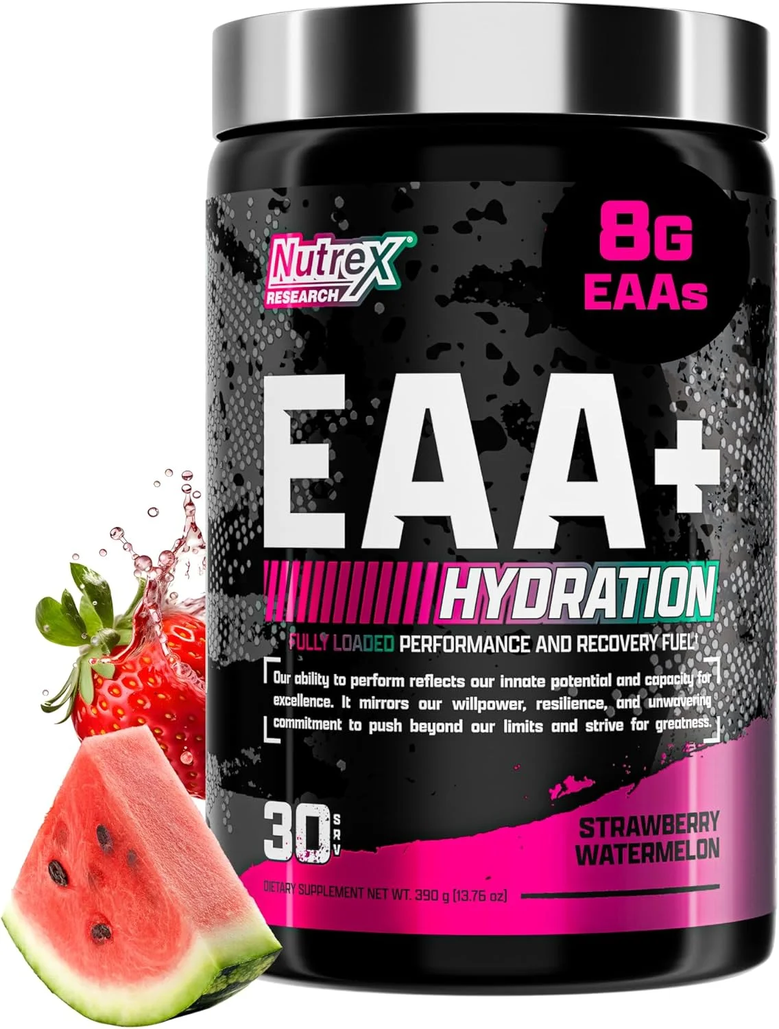 نوتراکس ریسرچ EAA Hydration | پودر EAA + BCAA | ریکاوری عضلات، قدرت، عضله سازی، استقامت | 8 گرم آمینو اسیدهای ضروری + الکترولیت ها | طعم هندوانه توت فرنگی 30 سروینگ