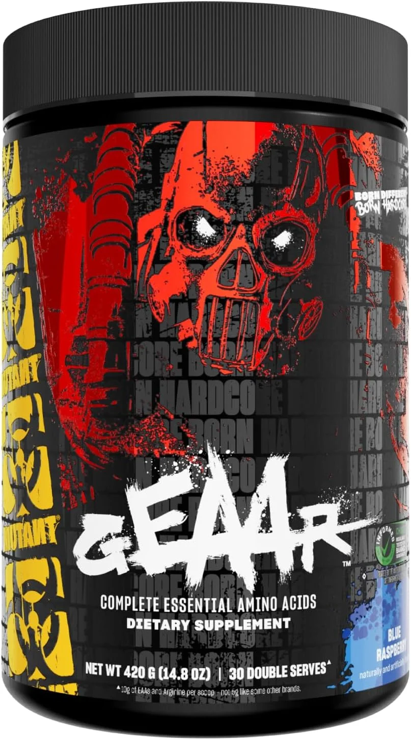 MUTANT GEAAR - 9.4 گرم پودر EAA + آرژنین، 7 گرم BCAA، 4 گرم لوسین، الکترولیت ها، آب نارگیل، بدون رنگ یا طعم دهنده مصنوعی، طعم لذیذ - 30 سروینگ - تمشک آبی - 378 گرم