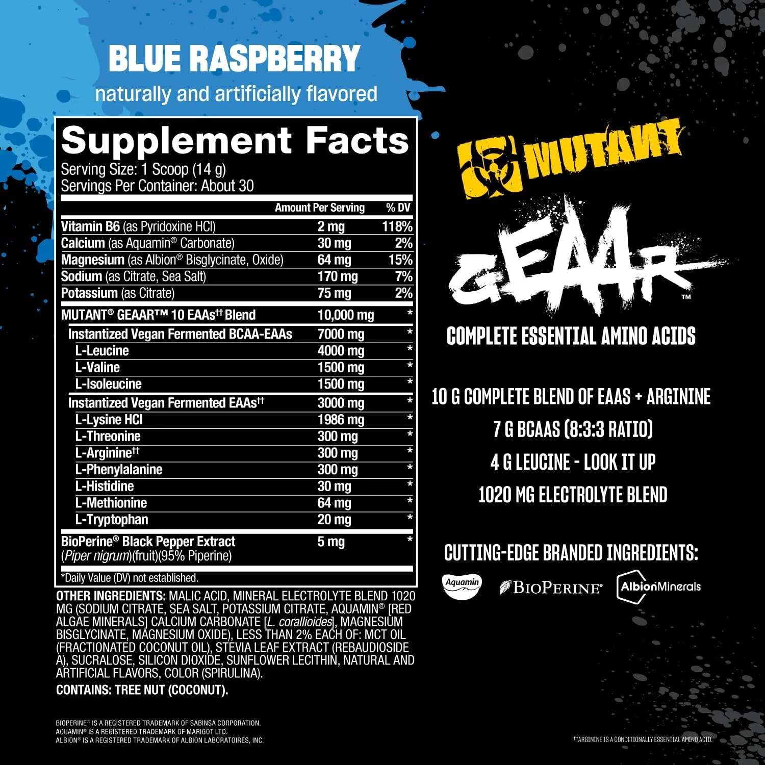 MUTANT GEAAR - 9.4 گرم پودر EAA + آرژنین، 7 گرم BCAA، 4 گرم لوسین، الکترولیت ها، آب نارگیل، بدون رنگ یا طعم دهنده مصنوعی، طعم لذیذ - 30 سروینگ - تمشک آبی - 378 گرم MUTANT GEAAR - 9.4 گرم پودر EAA + آرژنین، 7 گرم BCAA، 4 گرم لوسین، الکترولیت ها، آب نارگیل، بدون رنگ یا طعم دهنده مصنوعی، طعم لذیذ - 30 سروینگ - تمشک آبی - 378 گرم