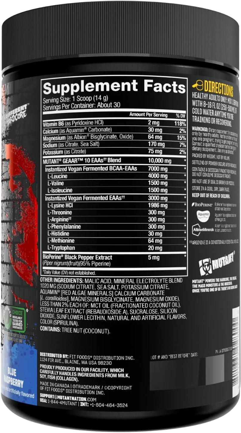 MUTANT GEAAR - 9.4 گرم پودر EAA + آرژنین، 7 گرم BCAA، 4 گرم لوسین، الکترولیت ها، آب نارگیل، بدون رنگ یا طعم دهنده مصنوعی، طعم لذیذ - 30 سروینگ - تمشک آبی - 378 گرم MUTANT GEAAR - 9.4 گرم پودر EAA + آرژنین، 7 گرم BCAA، 4 گرم لوسین، الکترولیت ها، آب نارگیل، بدون رنگ یا طعم دهنده مصنوعی، طعم لذیذ - 30 سروینگ - تمشک آبی - 378 گرم