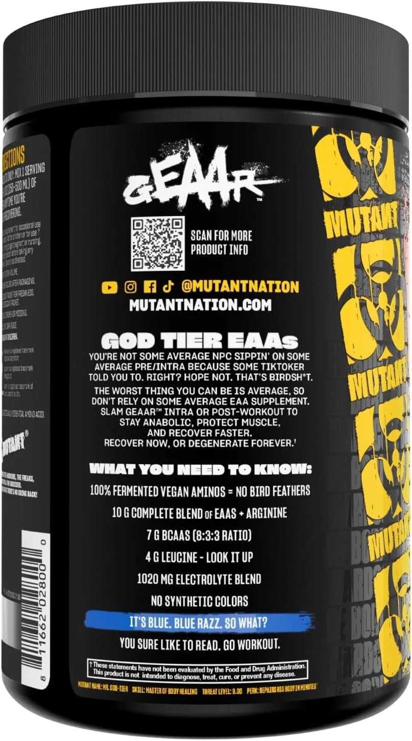MUTANT GEAAR - 9.4 گرم پودر EAA + آرژنین، 7 گرم BCAA، 4 گرم لوسین، الکترولیت ها، آب نارگیل، بدون رنگ یا طعم دهنده مصنوعی، طعم لذیذ - 30 سروینگ - تمشک آبی - 378 گرم MUTANT GEAAR - 9.4 گرم پودر EAA + آرژنین، 7 گرم BCAA، 4 گرم لوسین، الکترولیت ها، آب نارگیل، بدون رنگ یا طعم دهنده مصنوعی، طعم لذیذ - 30 سروینگ - تمشک آبی - 378 گرم