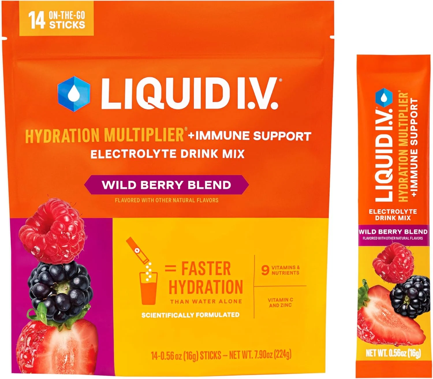 مخلوط پودر نوشیدنی الکترولیتی Liquid I.V.® Hydration Multiplier +Immune Support - طعم توت وحشی | 1 بسته (14 سروینگ)