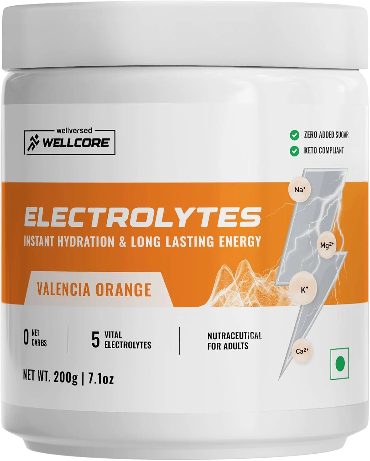 الکترولیت Wellcore KETOFY - (200 گرم) | پرتقالی | نوشیدنی الکترولیتی با 5 الکترولیت حیاتی: سدیم، منیزیم، کلسیم، پتاسیم، فسفات | پودر الکترولیت بدون قند | سوخت چربی برای انرژی پایدار | الکترولیت کتو
