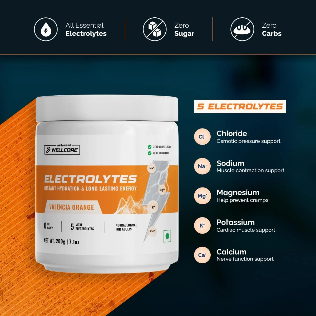 الکترولیت Wellcore KETOFY - (200 گرم) | پرتقالی | نوشیدنی الکترولیتی با 5 الکترولیت حیاتی: سدیم، منیزیم، کلسیم، پتاسیم، فسفات | پودر الکترولیت بدون قند | سوخت چربی برای انرژی پایدار | الکترولیت کتو الکترولیت Wellcore KETOFY - (200 گرم) | پرتقالی | نوشیدنی الکترولیتی با 5 الکترولیت حیاتی: سدیم، منیزیم، کلسیم، پتاسیم، فسفات | پودر الکترولیت بدون قند | سوخت چربی برای انرژی پایدار | الکترولیت کتو