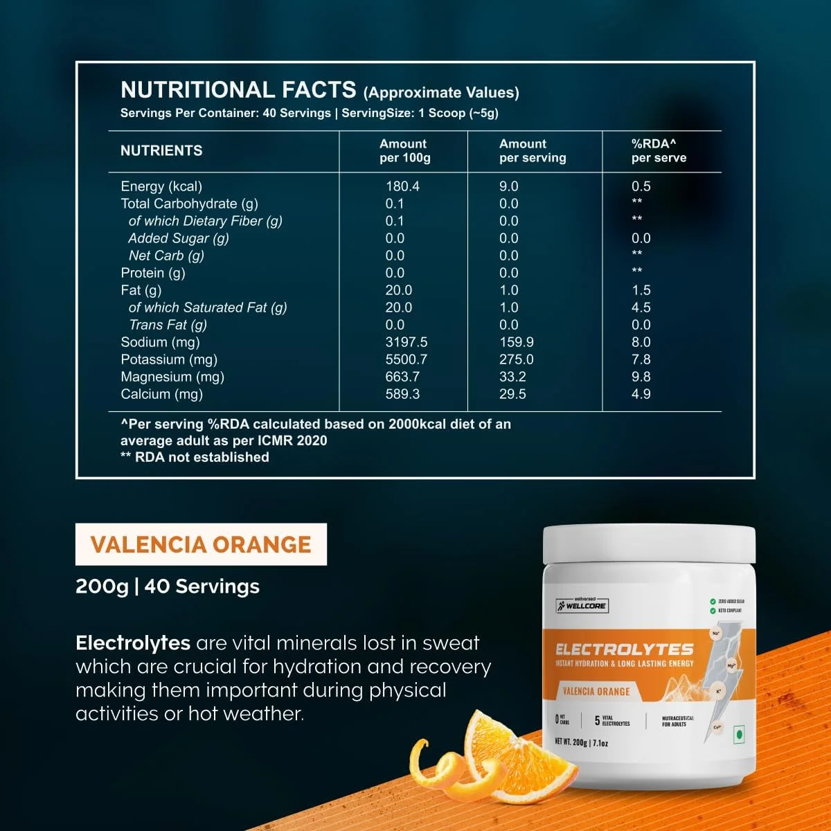 الکترولیت Wellcore KETOFY - (200 گرم) | پرتقالی | نوشیدنی الکترولیتی با 5 الکترولیت حیاتی: سدیم، منیزیم، کلسیم، پتاسیم، فسفات | پودر الکترولیت بدون قند | سوخت چربی برای انرژی پایدار | الکترولیت کتو الکترولیت Wellcore KETOFY - (200 گرم) | پرتقالی | نوشیدنی الکترولیتی با 5 الکترولیت حیاتی: سدیم، منیزیم، کلسیم، پتاسیم، فسفات | پودر الکترولیت بدون قند | سوخت چربی برای انرژی پایدار | الکترولیت کتو