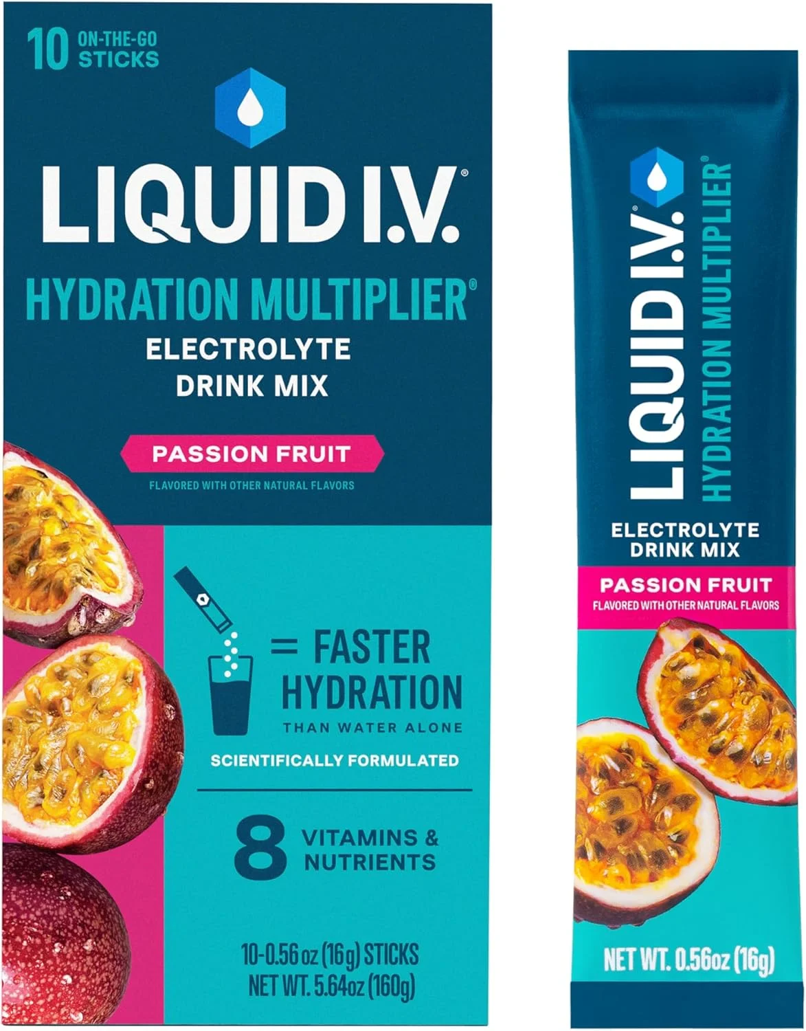 مخلوط نوشیدنی الکترولیتی Liquid I.V Hydration Multiplier، پشن فروت، 10 بسته چوبی تکی (16 گرمی)