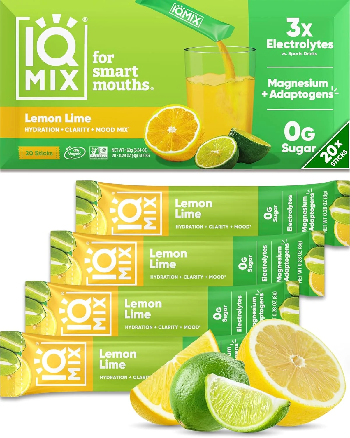 پودر الکترولیت بدون قند IQ BAR IQMIX - مکمل آبرسانی با الکترولیت های کتو، یال شیر، منیزیم ال-ترئونات و سیترات پتاسیم - لیمو ترش (20 عدد)