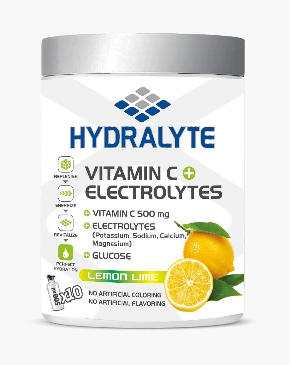 پودر نوشیدنی ورزشی هیدراته Hydralyte حاوی ویتامین C + الکترولیت با طعم لیمو، 200 گرم | 20 سروینگ در هر ظرف (250 میلی لیتر) | مکمل جایگزین الکترولیت طبیعی برای هیدراتاسیون سریع
