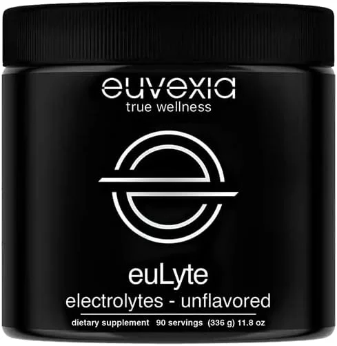 پودر الکترولیت بدون قند Euvexia Eulyte دکتر اکبری برای هیدراتاسیون (90 سروینگ) نوشیدنی طعم دار مرطوب کننده (1513 میلی گرم الکترولیت در هر سروینگ) کتوز در روزه داری، وگان