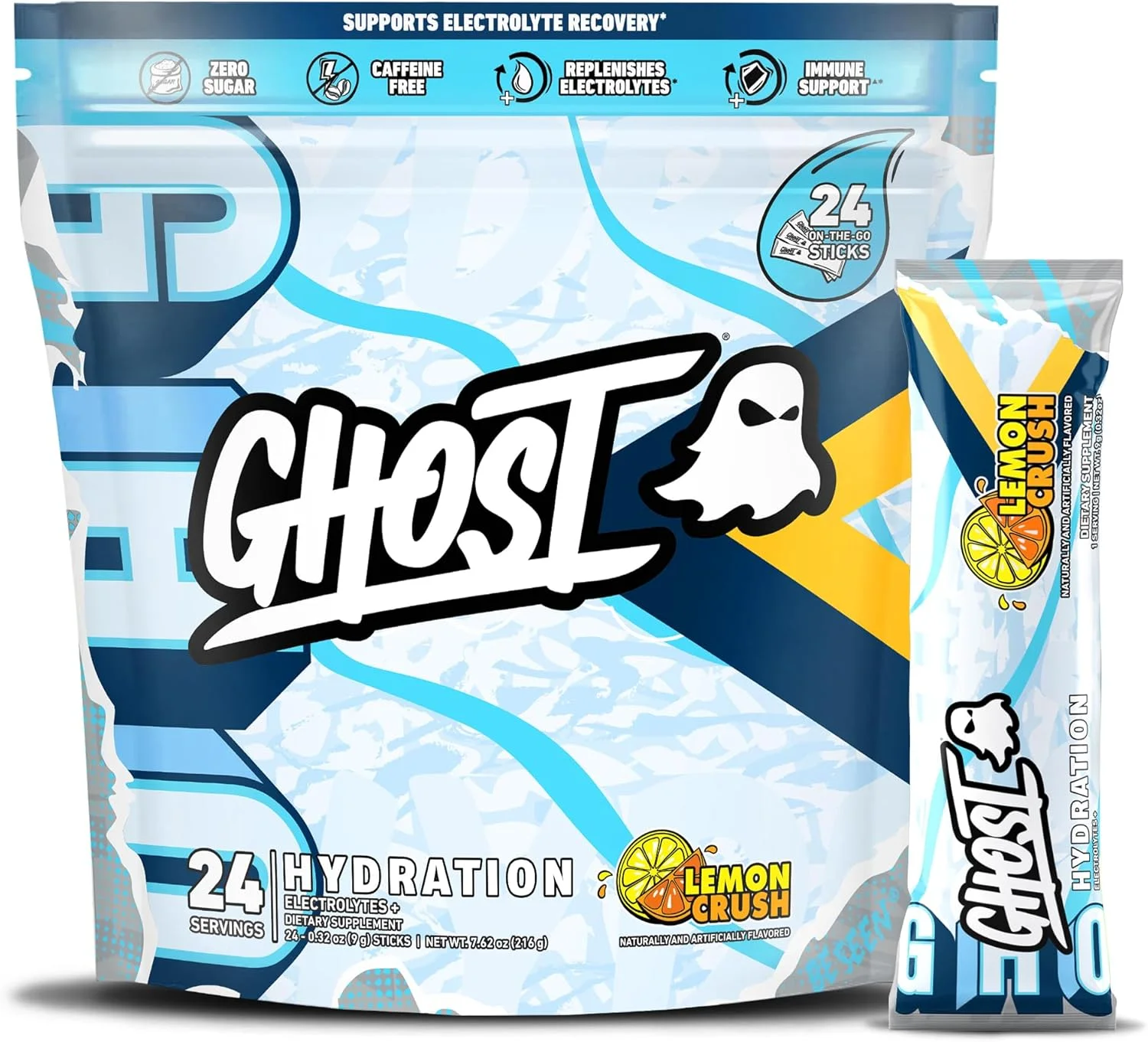 پودر الکترولیت آبرسان GHOST، طعم لیمو، 24 عدد، مکمل پودری - حاوی منیزیم، پتاسیم، کلسیم، ویتامین C - مناسب گیاهخواران، فاقد سویا، شکر و گلوتن