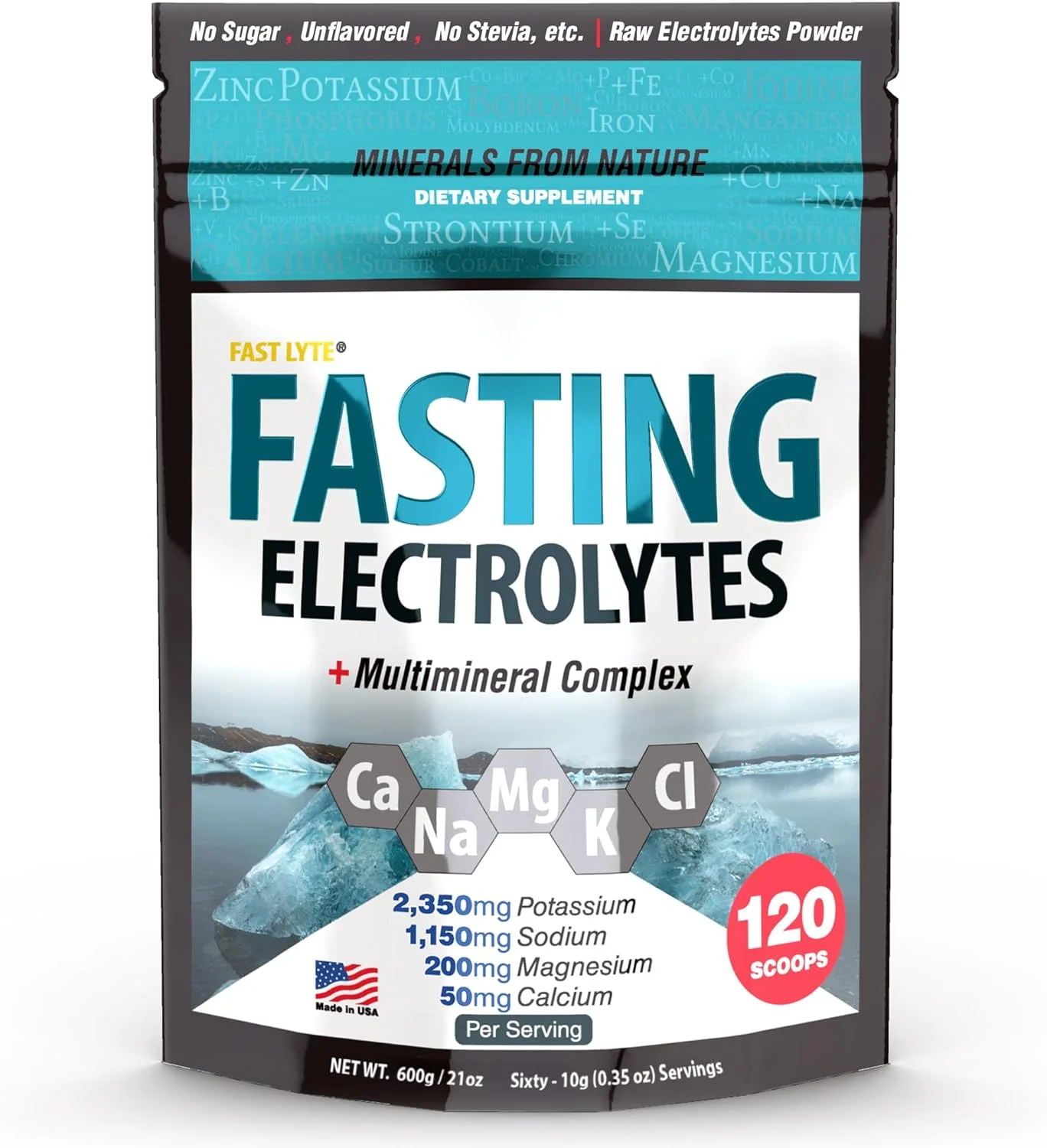 پودر مکمل الکترولیت روزه داری FAST LYTE، سرشار از منیزیم و پتاسیم، نمک های روزه داری K Na Mg Ca + کمپلکس چند ماده معدنی، مناسب برای کتو - مقایسه با مواد تشکیل دهنده رژیم آب مار