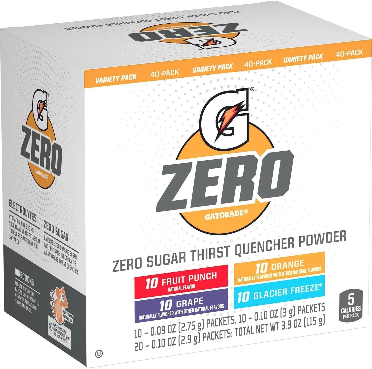 پودر گاتورید زیرو، بسته متنوع - 40 عددی - آبرسانی بدون شکر با الکترولیت های ضروری - 5 کالری در هر وعده - طعم های یخچالی، پانچ میوه، انگور، پرتقال