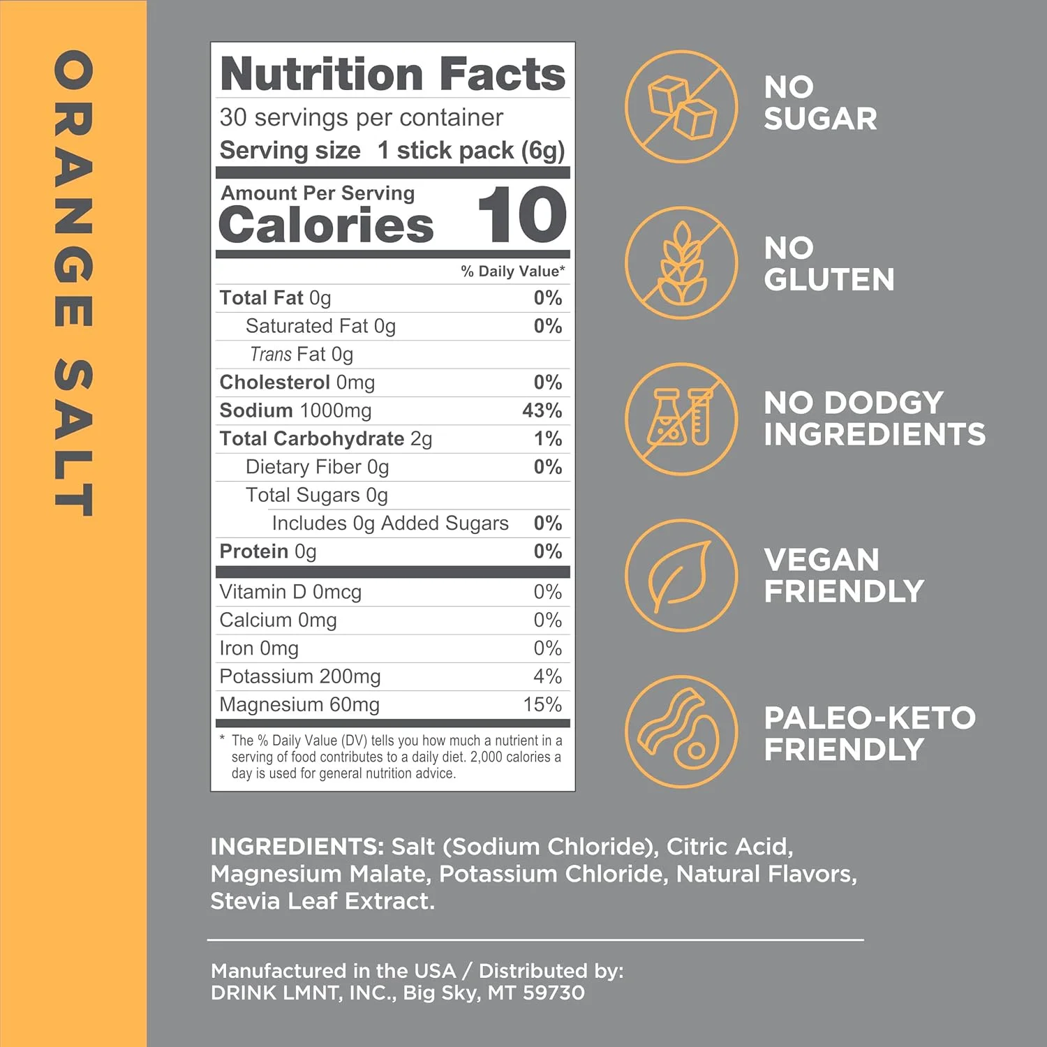 نوشیدنی الکترولیت بدون قند LMNT - نمک پرتقال - بسته های پودر آبرسان | بدون مواد تشکیل دهنده نامناسب | مناسب برای کتو و پالئو | 30 عدد