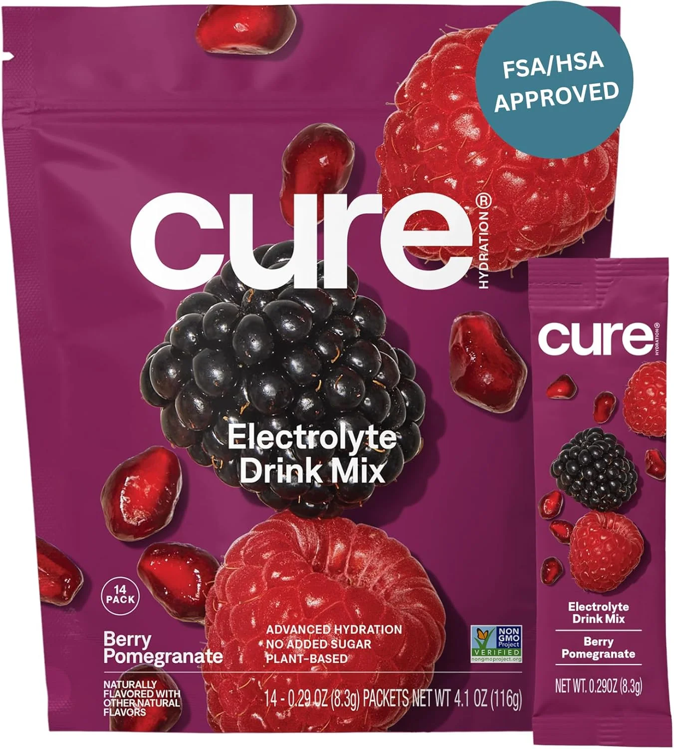 مخلوط آبرسان CURE | نوشیدنی الکترولیتی گیاهی | بدون شکر افزوده | پودر تسکین دهنده ساخته شده با آب نارگیل | غیر GMO | وگان | FSA & HSA | بسته 14 عددی - بری انار