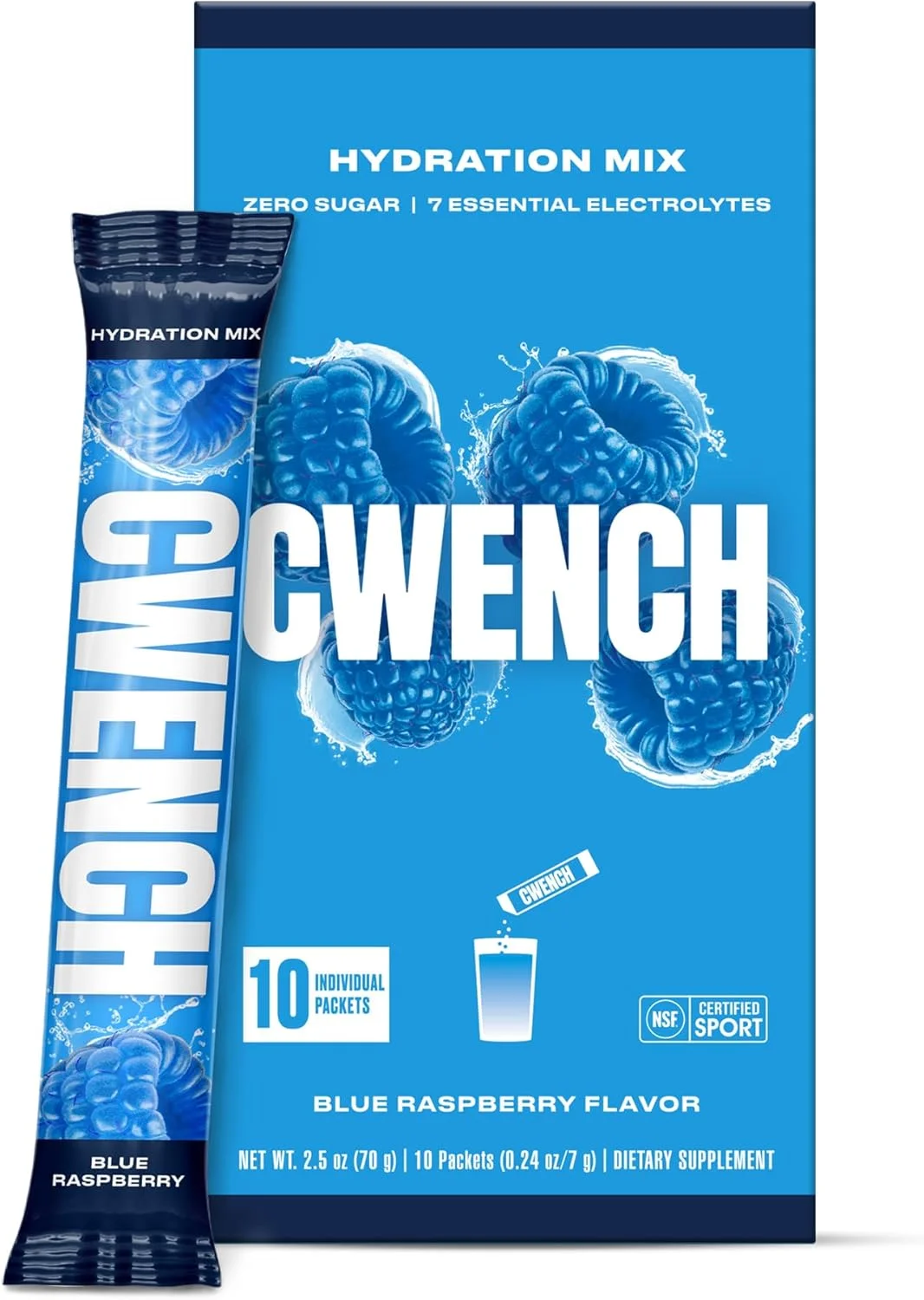 مخلوط الکترولیت آبرسان Cwench + BCAA - تمشک آبی 10 عدد | دارای گواهی NSF | بدون شکر افزوده | بدون شیرین کننده های مصنوعی | الکترولیت های ممتاز | جعبه 10 عددی استیک 7 گرمی