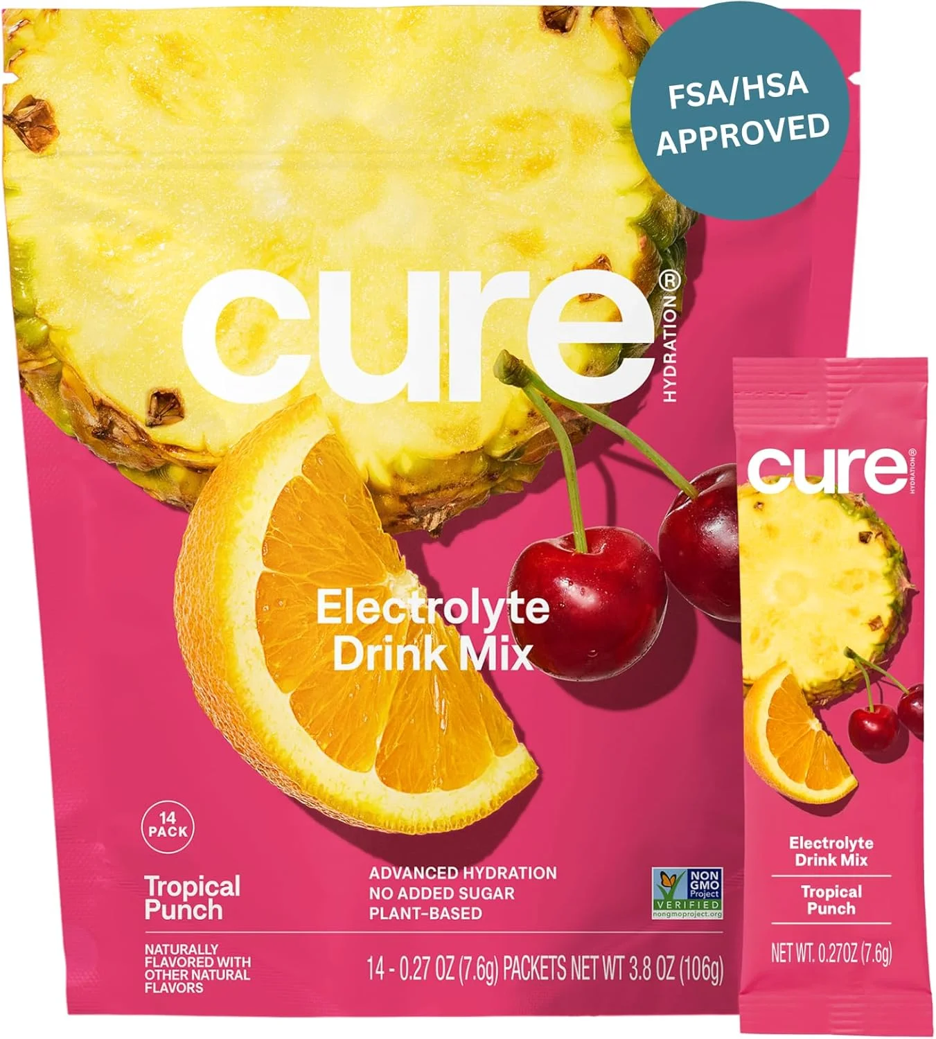 مخلوط آبرسان CURE | نوشیدنی الکترولیت گیاهی | بدون شکر افزوده | پودر رفع کم آبی بدن تهیه شده با آب نارگیل | غیر GMO | وگان | FSA & HSA | بسته 14 عددی - پانچ استوایی