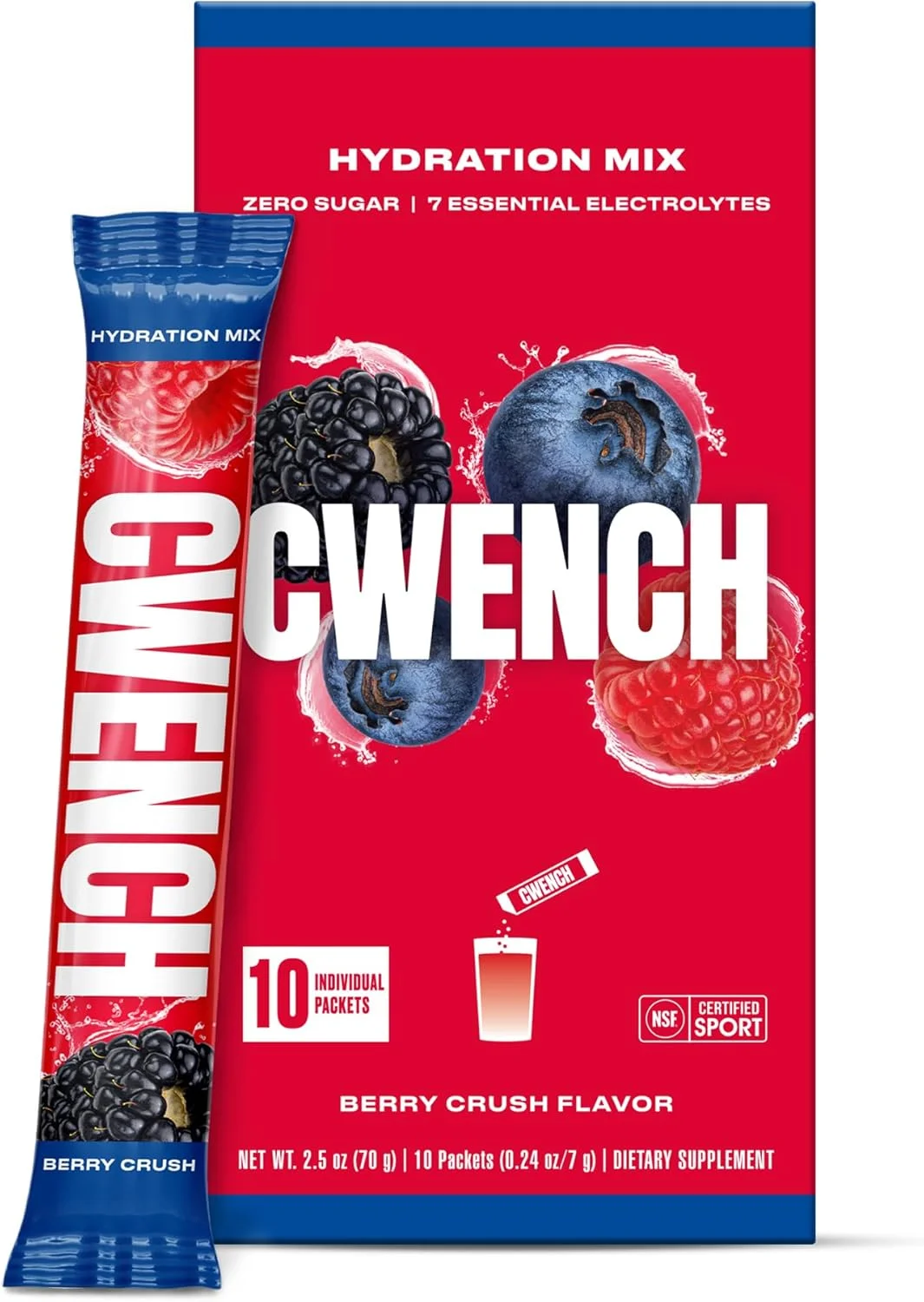 مخلوط الکترولیت آبرسان Cwench + BCAA - Berry Crush 10 عدد | دارای گواهینامه NSF | بدون شکر افزوده | بدون شیرین کننده های مصنوعی | الکترولیت های ممتاز | جعبه 10 عددی استیک 7 گرمی