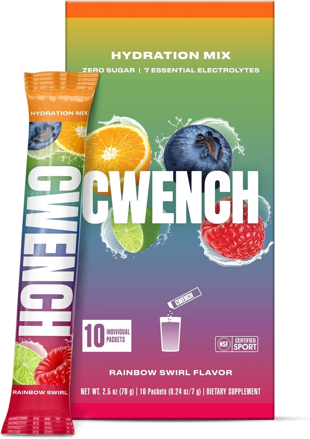 مخلوط الکترولیت آبرسان Cwench + BCAA - Rainbow Swirl 10 عدد | دارای گواهی NSF | بدون شکر افزوده | بدون شیرین کننده های مصنوعی | الکترولیت های ممتاز | جعبه 10 عددی استیک 7 گرمی