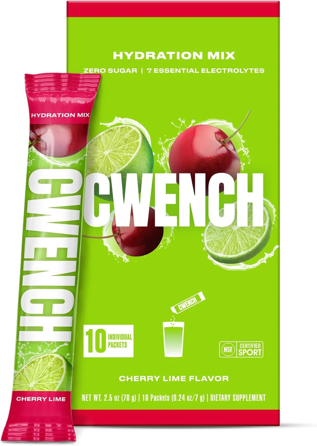 مخلوط الکترولیت آبرسان Cwench + BCAA - گیلاس لیمویی 10 عدد | دارای گواهی NSF | بدون شکر افزوده | بدون شیرین کننده های مصنوعی | الکترولیت های ممتاز | جعبه 10 عددی استیک 7 گرمی