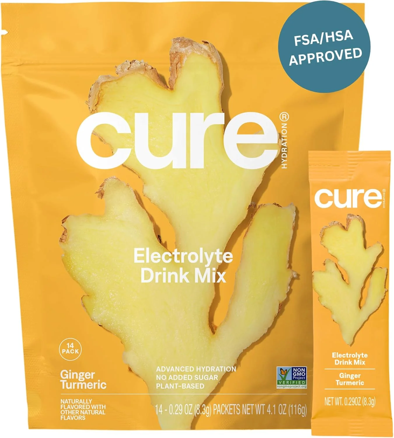 مخلوط آبرسان الکترولیتی CURE HYDRATION MIX | پودر برای تسکین | واجد شرایط FSA و HSA | ساخته شده با آب نارگیل | بدون شکر افزوده | وگان | سازگار با رژیم پالئو | بسته 14 عددی - زنجبیل زردچوبه