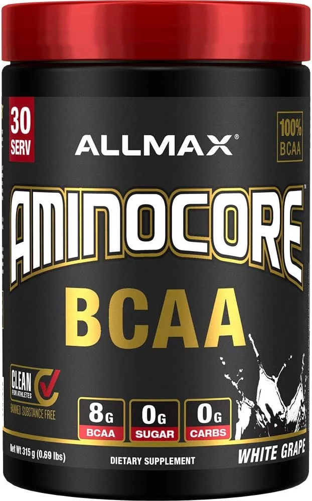 پودر بی سی ای ای آمینوکور Allmax Nutrition، 8.18 گرم اسیدهای آمینه، نوشیدنی ریکاوری حین و بعد از تمرین، بدون گلوتن، انگور سفید، 315 گرم