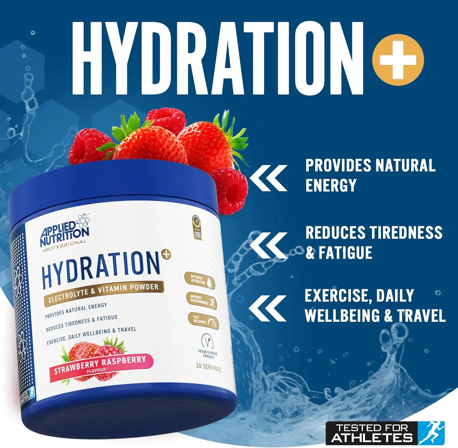 پودر الکترولیت و ویتامین آبرسان Applied Nutrition - انرژی طبیعی، کاهش خستگی و بهینه سازی آبرسانی (240 گرم - 30 سروینگ) (تمشک آبی)