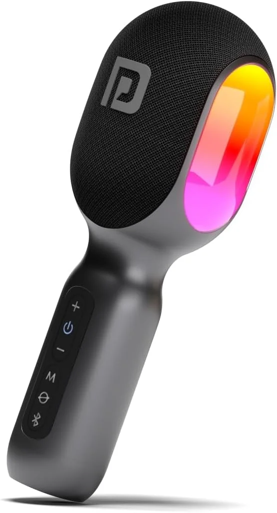 میکروفون کارائوکه بلوتوثی بی سیم Portronics Dash 2 با بلندگوی 10 واتی، تا 10 ساعت پخش، چراغ های RGB پویا، ضبط موسیقی، آواز دو نفره، دستگاه کارائوکه کوچک برای مسافرت با ماشین، شارژ سریع