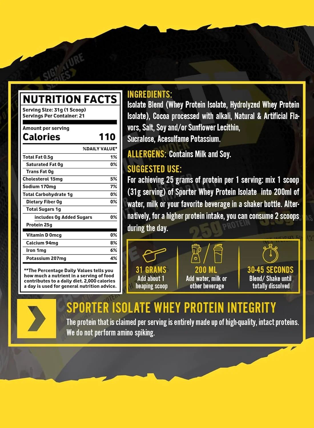 پودر پروتئین وی ایزوله کمپلکس SPORTER - 25 گرم پروتئین در هر وعده، پشتیبانی از عضله سازی، ریکاوری و عملکرد (635 گرم، شکلاتی)