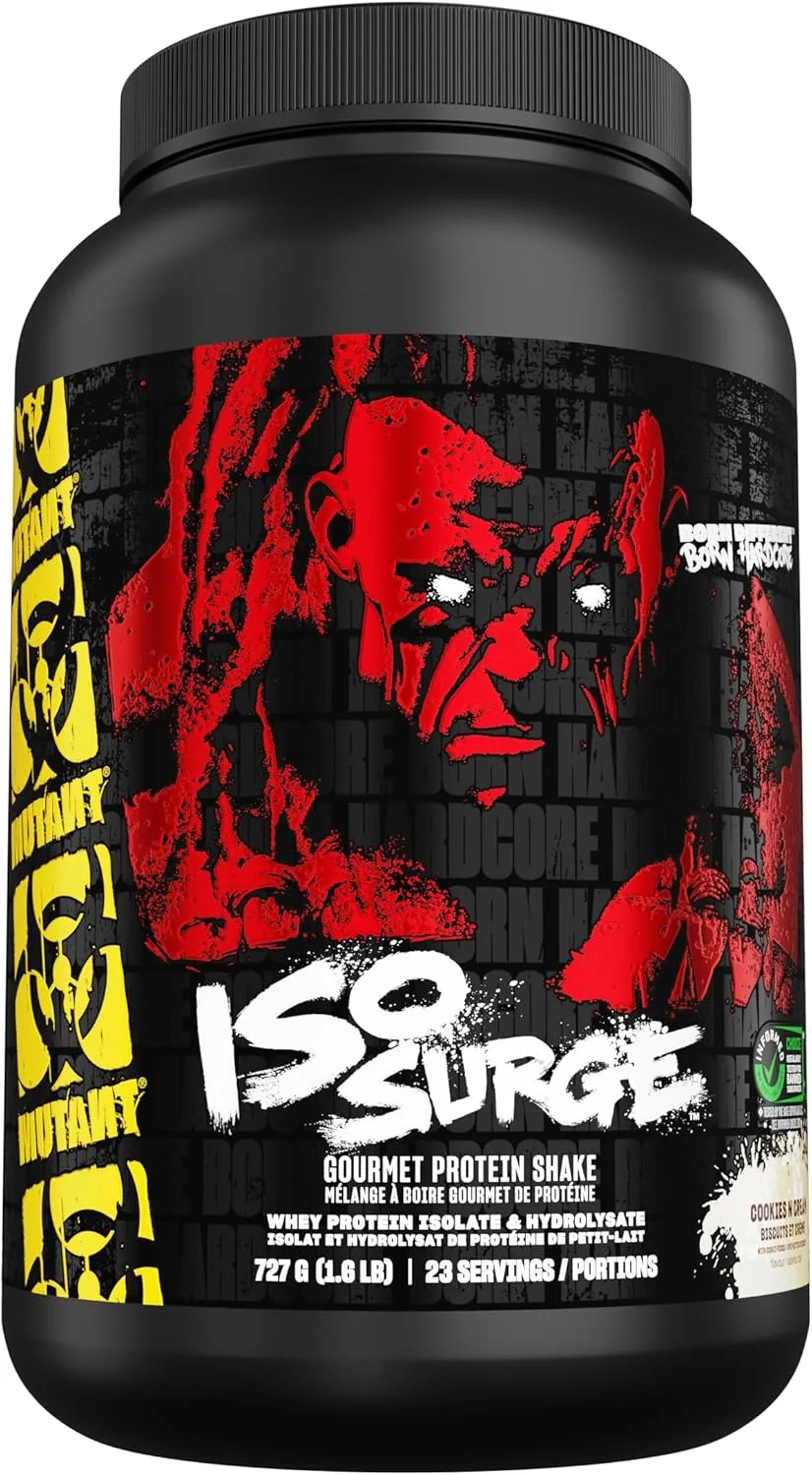 MUTANT ISO SURGE | فرمول پروتئین سخت‌گیرانه لذیذ - پودر پروتئین وی ایزوله، کم کربوهیدرات، کم چرب، تقویت شده با آنزیم گوارشی - کوکی و کرم - 727 گرم
