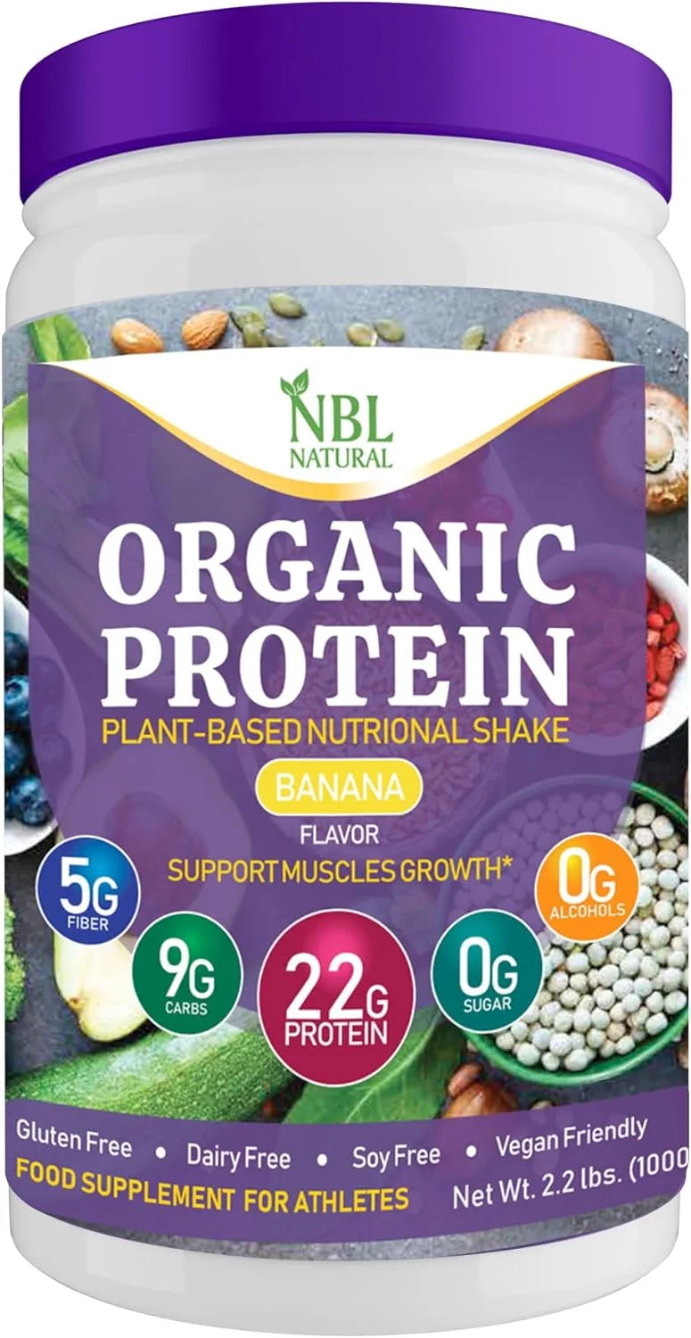 پودر پروتئین گیاهی ارگانیک NBL NATURAL، پودر پروتئین وگان برای مردان و زنان، 22 گرم پروتئین در هر وعده، غیر لبنی، بدون گلوتن، بدون لاکتوز، بدون شکر افزوده، موز، 2.2 پوند، 25 وعده