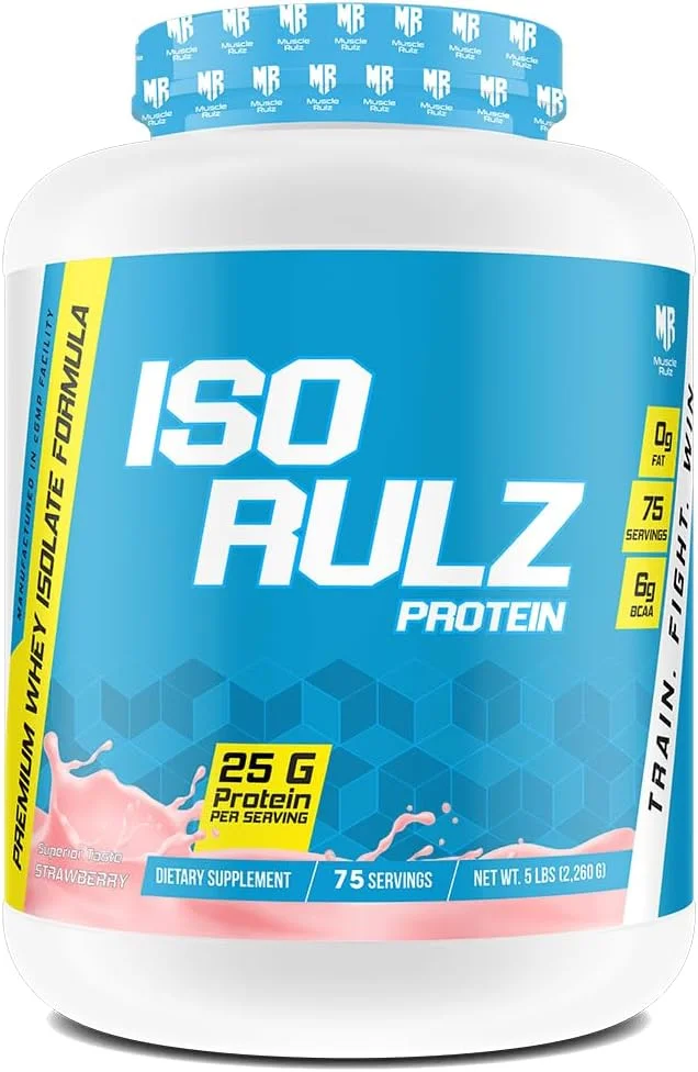 MuscleRulz Iso Rulz - فرمول وی ایزوله پریمیوم، 25 گرم پروتئین، 0 گرم چربی، 6 گرم BCAA، 5 پوند (توت فرنگی، 5 پوند)